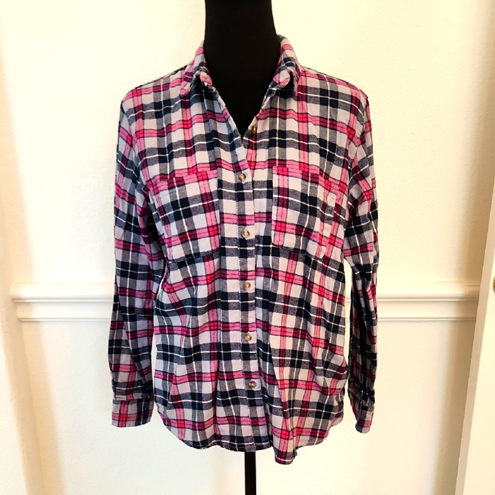 Universal Thread Women's Pink and Blue Plaid Flannel Casual Button Down Shirt SM